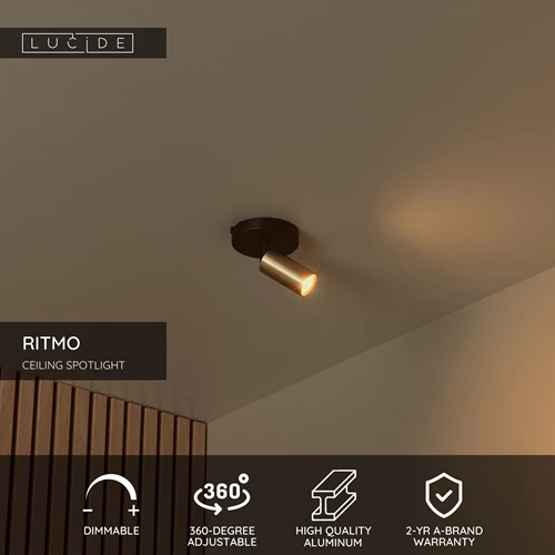 Lucide RITMO - Ceiling spotlight - Ø 10 cm - 1xGU10 (MR11) - Matt Gold / Brass - USP